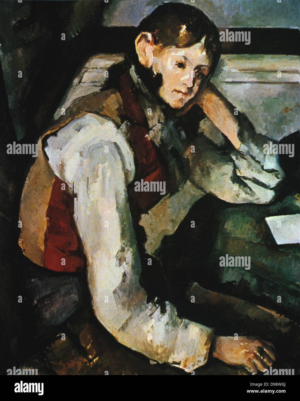 Junge in einer roten Weste ", 1894-1895. Öl auf Leinwand. Französische Post-Impressionisten Maler Paul Cézanne (1839-1906). Porträt, sitzend Stockfoto