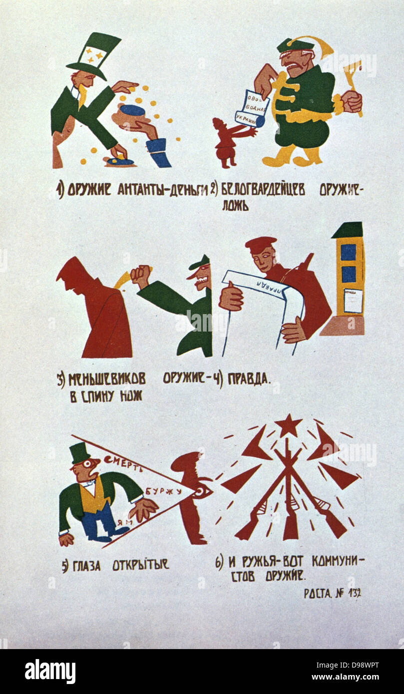 Fenetre ROSTA", 1920, (Russische Staat Telegraph Agency) Karikatur gegen die Menchevics von Wladimir Majakowski (1893-1930), sowjetischer Dichter, Dramatiker und Zeichner. Russland UDSSR Kommunismus Kommunistische Stockfoto