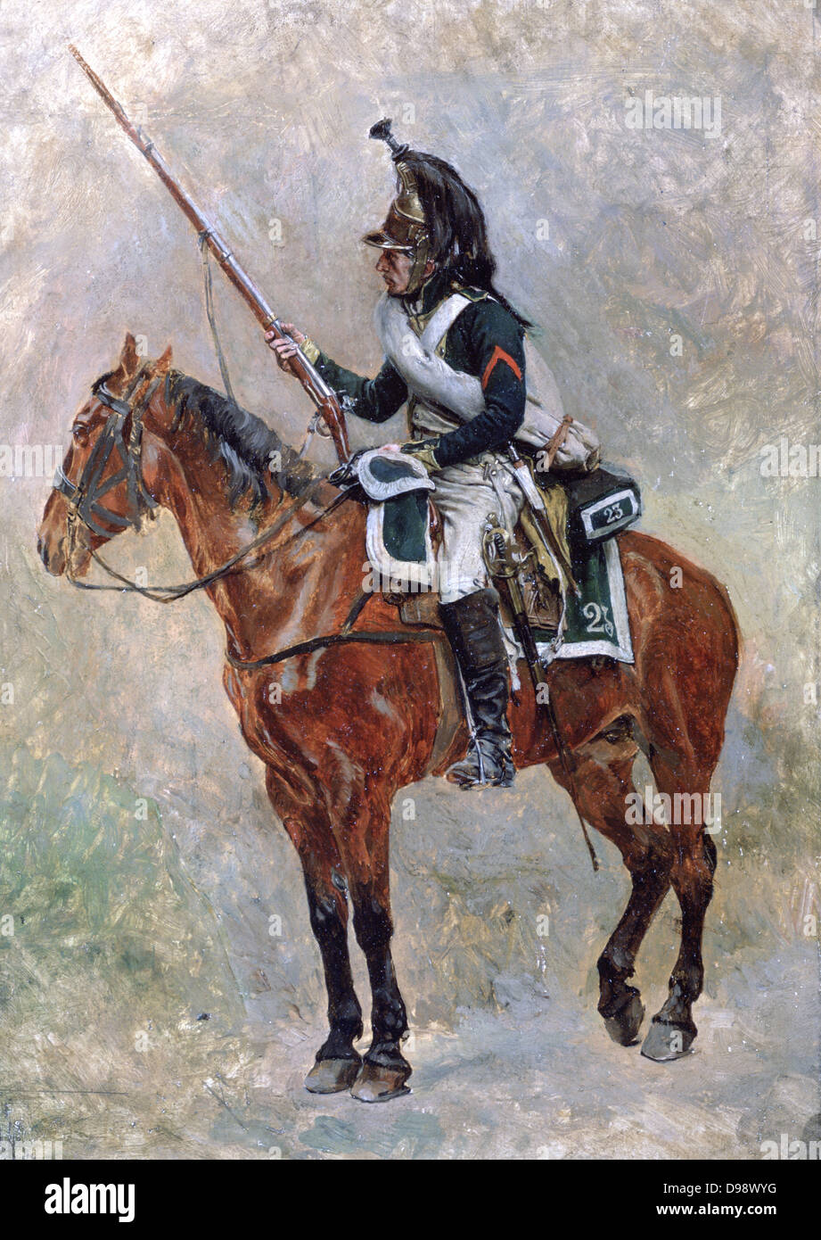 Dragoon montiert. Jean Loouis Ernest Meissonier (1815-1891) Französische akademischer Maler. Französischer Soldat einheitliche Ausrüstung Waffe Schwert Helm Pferd Bay Stockfoto