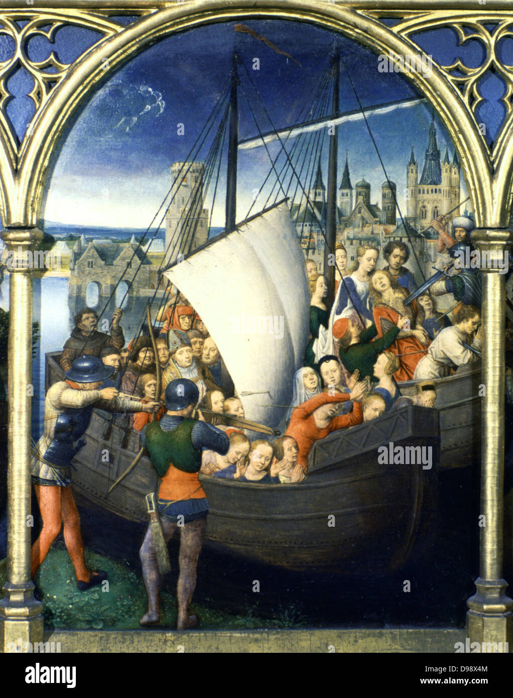 Schrein (Reliquiar) Der hl. Ursula, 1489. Vergoldet, lackiertem Holz. Hans Memling (1430/1440-1494) Süden niederländischen Maler. St. Ursula (4. Jahrhundert) Begleiter durch die Hunnen in Köln ermordet. Pilgerfahrt Christian Boot Schiff Segel Cog Stockfoto