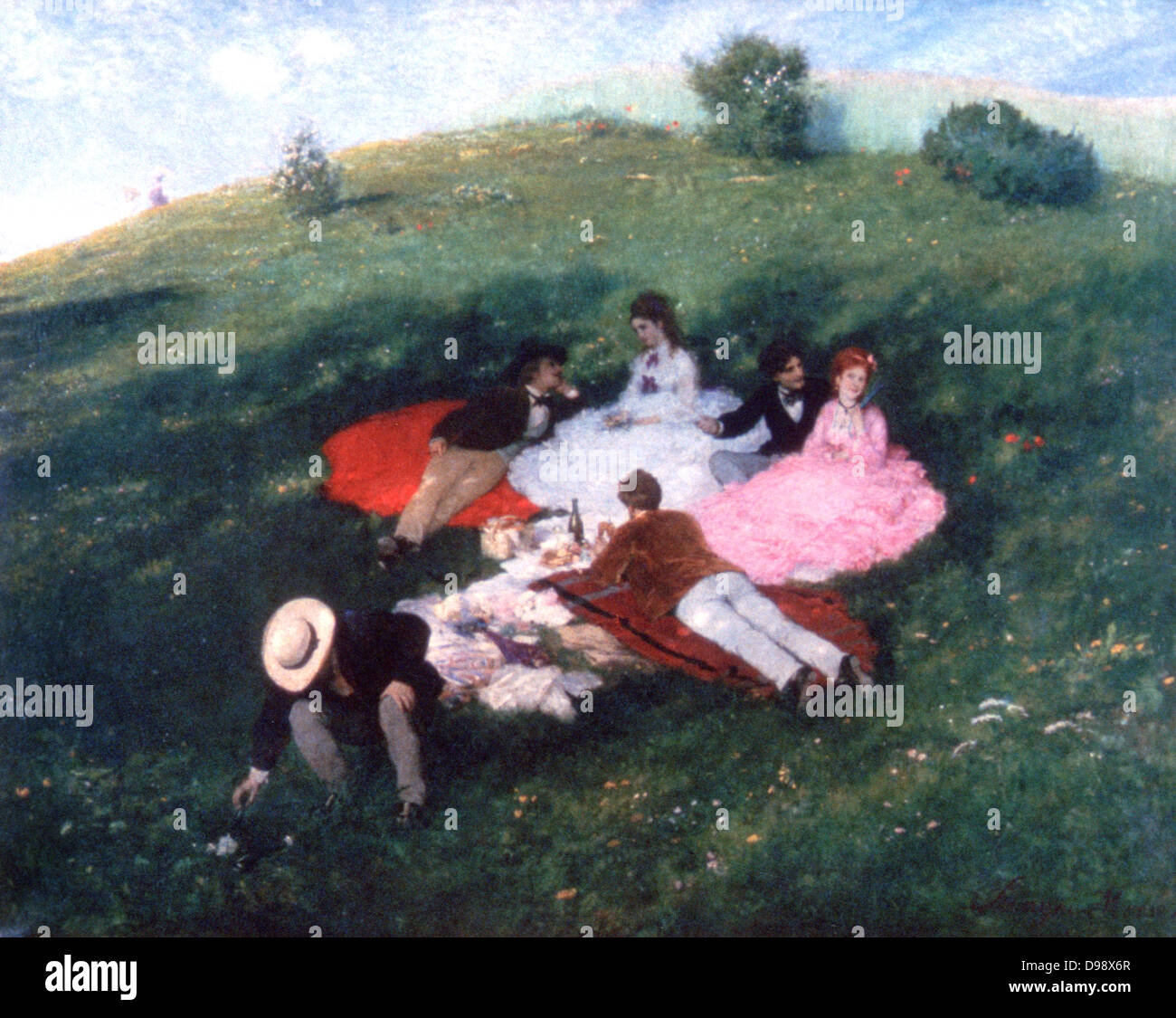 Kann ein Tag', 1873. Pal Szinyei Merse (1845-1920) ungarische Maler. Drei Männer und drei Frauen romantische Picknick auf dem grasbewachsenen Hügel Wiese an sonnigen Frühlingstag. Stockfoto
