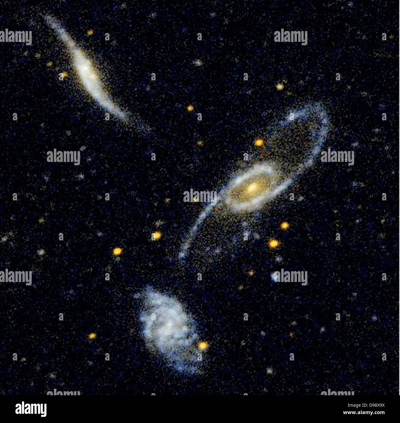 Der innere Ring in NGC 5566 Galaxy, wird von zwei fast überlappende helle Arme, die sich von den Enden der Feder eine zentrale Bar gebildet. Die Bar ist nicht sichtbar im Ultravioletten, weil es besteht aus älteren Sternen oder Sterne mit geringer Masse, dass Energie nicht auf UV-Wellenlänge emittieren Stockfoto