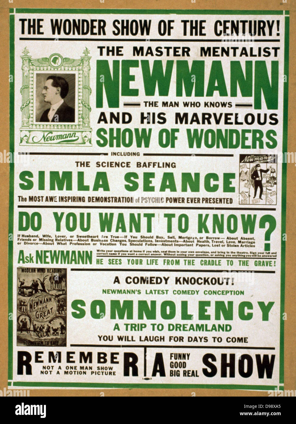 Das Wunder des Jahrhunderts! Newmann und seine tolle Show der Wunder. [Ca. 1928] (Poster) Lithographie beinhaltet kleines Portrait von Newmann und kleinen halb-ton Bilder von 4 Plakaten seine Leistungen. Newman war ein Magier und Hypnotiseur im amerikanischen Theater des 20. Stockfoto