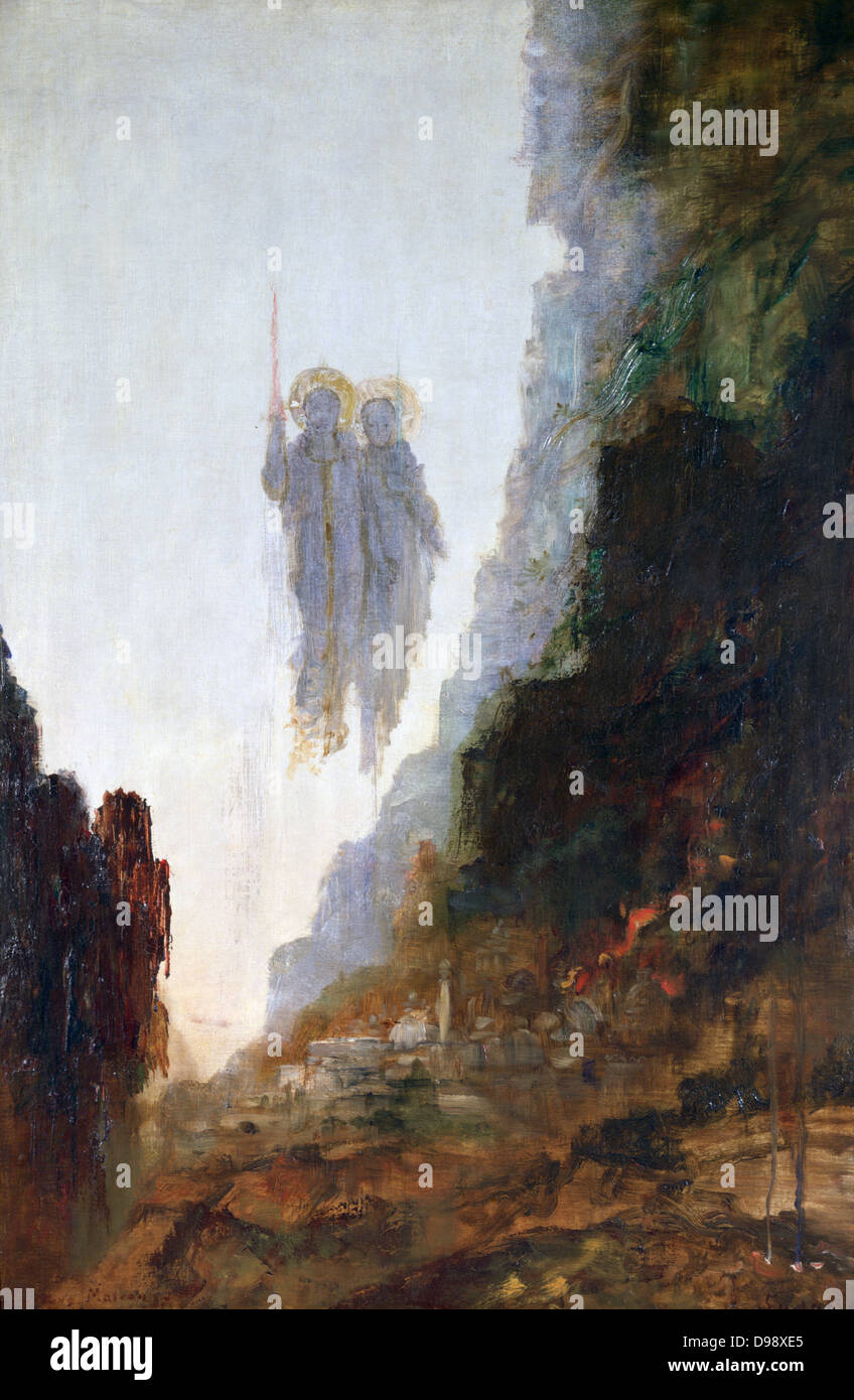 Die Engel von Sodom". Öl auf Leinwand Gustave Moreau (1826-1899), französischer Maler. Die Engel von Gott gesandt, um dem Untergang geweihten Stadt Sodom und durch das Los traf. Bibel Genesis Stockfoto