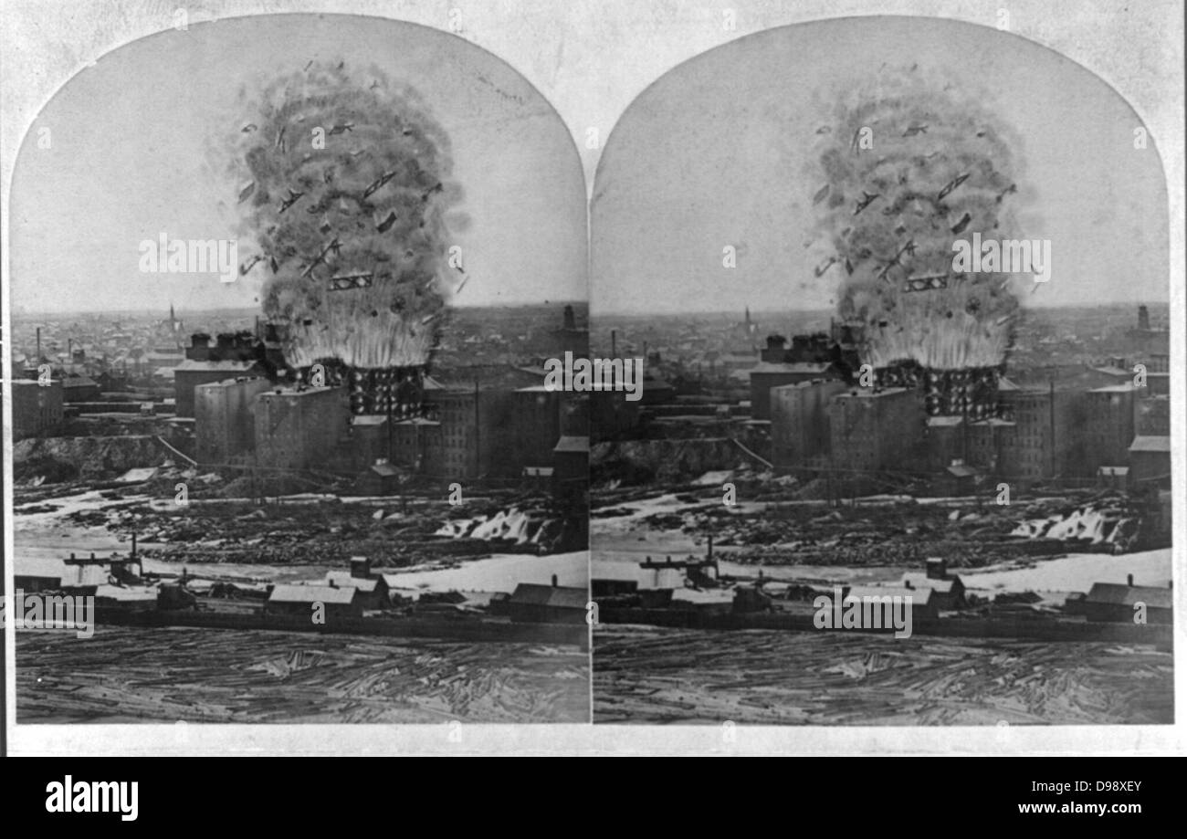 Die große Mühle Katastrophe! C 1878. fotoabzug auf stereo Karte: Stereograph. Washburn Mühle, wie sie die Explosion ereignete, Minneapolis, Minn., 2. Mai 1878. Stockfoto