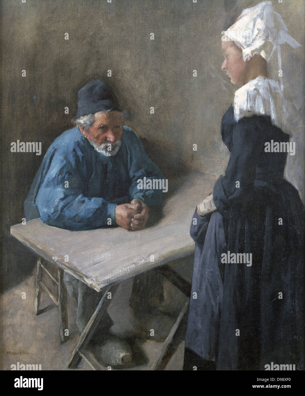 Mieten einen Diener ". Öl auf Leinwand. Ungarische Maler Mihaly Munkacsky (1844-1900). Blau grau weißer Mann-Frau-Tabelle Stockfoto