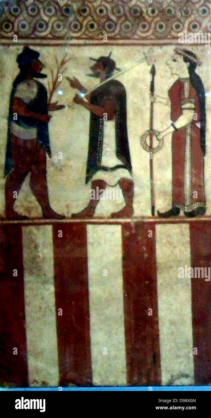 5 bemalte Terracotta Plaketten, Etruskische, ca. 560-550 v. Chr., von Cerveteri. Die Plaketten, aus einer kleinen Kammer-Grab in der Banditaccia Friedhof, sind als Boccanera Plaketten nach der beiden Brüder, die sie 1874 gefunden. Das Paar mit Sphinxen wahrscheinlich flankiert das Innere der Tür während der drei Plaketten mit der figürlichen Szene die hintere Wand bedeckte. Das Thema ist aus der griechischen Mythologie. Stockfoto