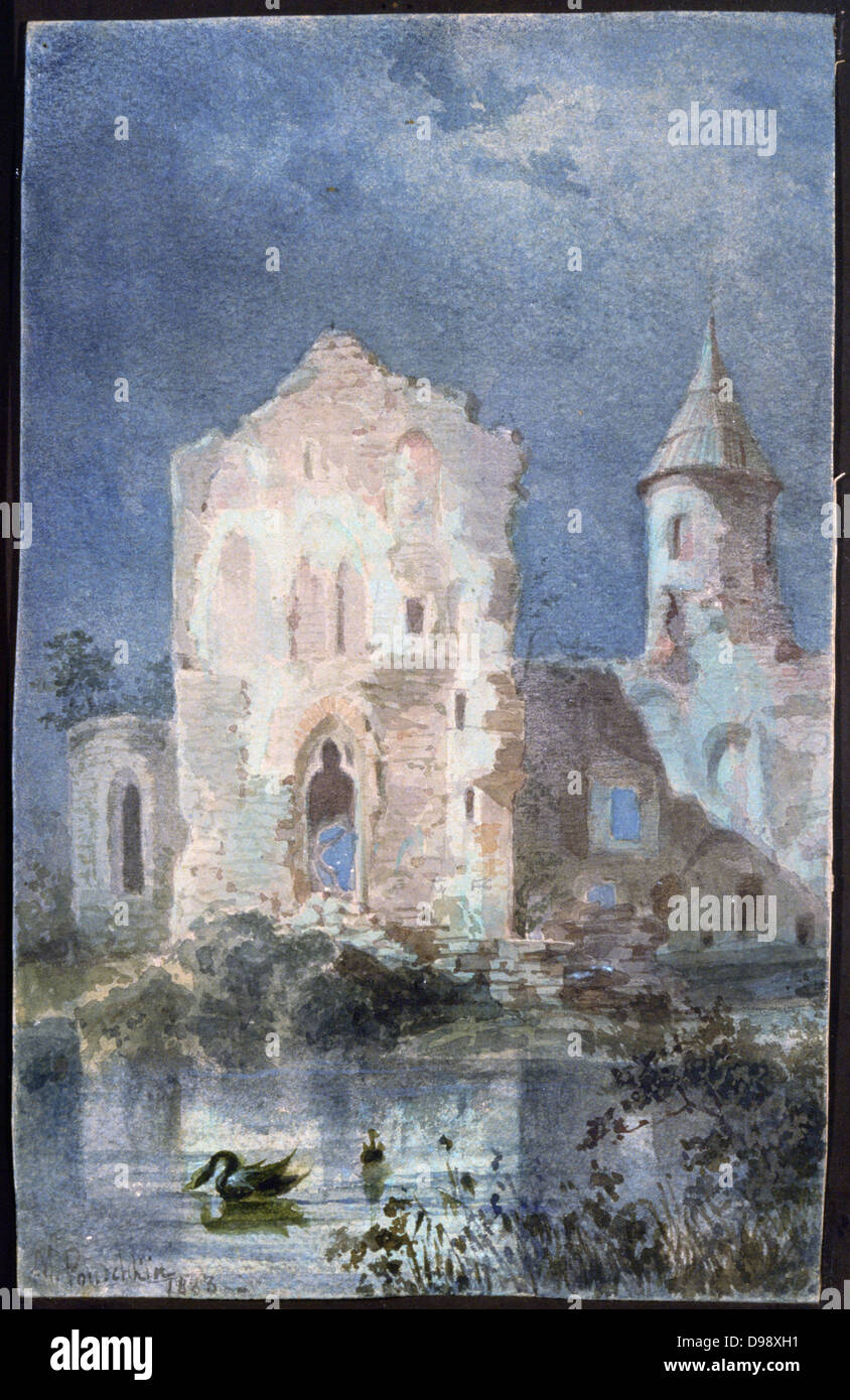 Landschaft mit Schwan", 1833. Aquarell. Alexander Puschkin (1799-1837) russische Dichter, Romancier und Dramatiker. Romantische Ruine Mondschein Wasser Stockfoto