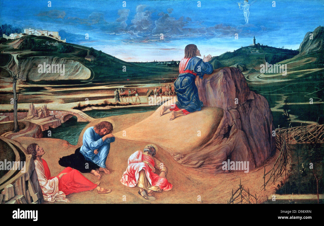 Die Todesangst im Garten', c1465. Tempera auf Holz. Giovanni Bellini (1426-1516) Maler der italienischen Renaissance. Jesus betet im Garten Gethsemane, während die Heiligen Petrus, Johannes und Jakobus der Schlaf. Passion Jesus Stockfoto