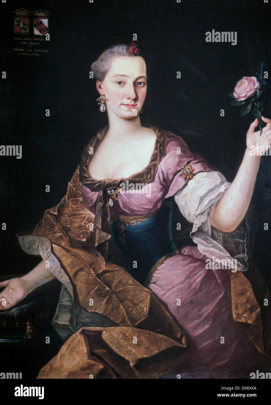 Portrait von Anna Maria Baroness Erberg (c) 1741-1769. Öl auf Leinwand. Forunat Bergant (1721-1769) slowenischer Maler. Drei Viertel Portrait von modischen Frau in Seide mit einem vollständig durchgebrannt rosa Rose. Schmuck Perle Stockfoto