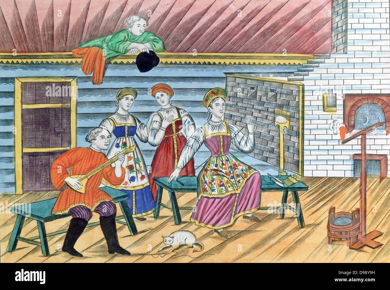 Die russischen Interieur mit Frau spinnen und Mann spielt eine balalaika. Naive beliebt Drucken, Moskau, 1856. Heizung Herd Bauer Musik Folk Stockfoto