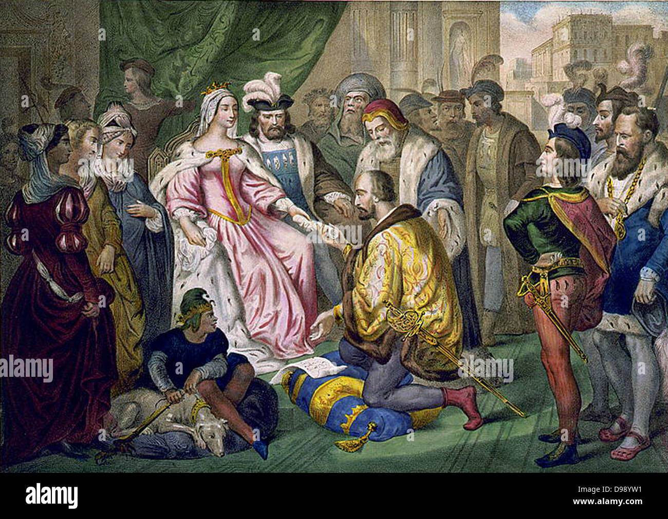 Christopher Columbus kniend vor Königin Isabella I. Lithographie, Farbe. [1840] Stockfoto