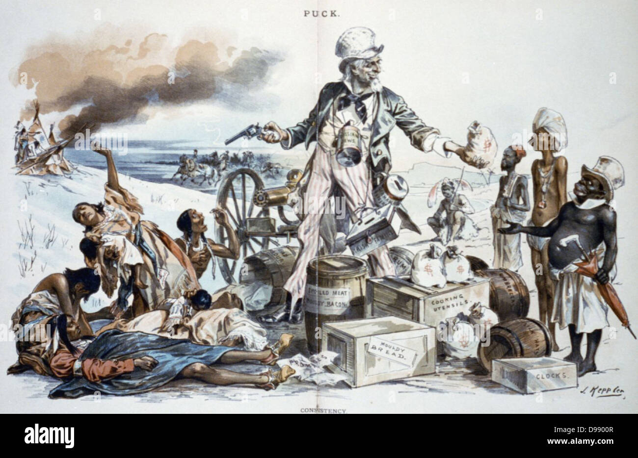 Satire auf Wohlwollen Uncle Sam's in Richtung Afrikaner, Asiaten und Eurpoeans während Massaker Indianer bei Wounded Knee. Drucken: Lithographie, 1891. Stockfoto