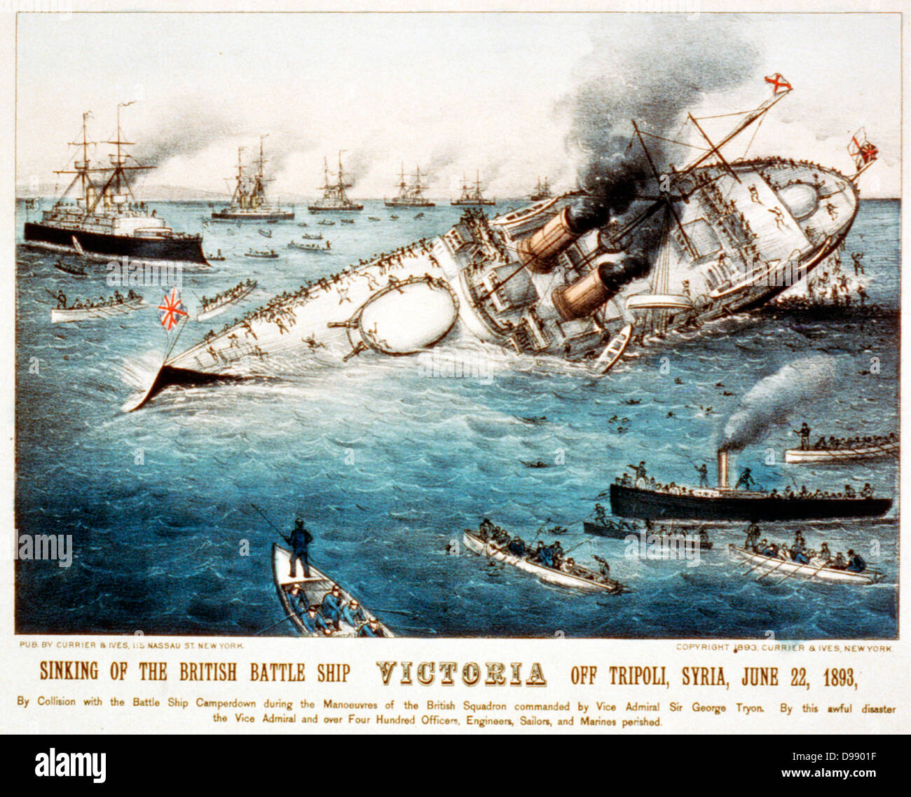 Untergang des Britischen Schlachtschiff Victoria aus Tripolis, Syrien, 22. Juni 1893 Von Currier & Ives - Untergang des Britischen Schlacht Lithographie, von Hand gefärbt. c 1893 Stockfoto