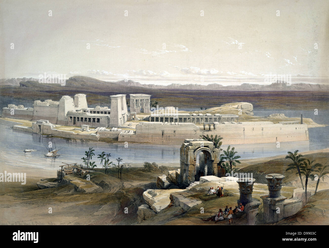 Allgemeine Ansicht der Insel Philae Nubien" November 1838. Nach Aquarell von David Roberts (1796-1864) Schottischer Künstler und Orientalist. Tempel des Alten Ägypten Archäologie Religion Mythologie Ruine Stockfoto