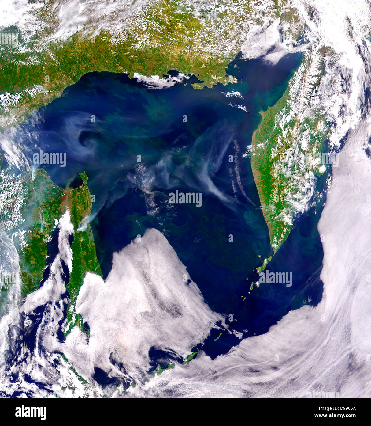 Rauch im Ochotskischen Meer Bilder & Animationen NASA/Goddard Space Flight Center und ORBIMAGE Rauch von Waldbränden in Osteuropa Russland hängt über dem Ochotskischen Meer in diesem SeaWiFS Bild ab 2. Juli 2003. Am 2. Juli 2003, das Sea-viewing Wide Field-of-View Sensor (SeaWiFS) gesammelt dieses Bild des Ochotskischen Meeres, Osten Russlands. Uneinheitliche phytoplankton Blüte füllen die Oberflächengewässer, färben Sie Grün. Trübe, bräunlichen Wasser fließt vom Amur in Zahnstein-Straße, zwischen Russland und der Insel Sachalin (links der Bildmitte). Rauch aus regionalen Brände Drifts über den Himmel Stockfoto