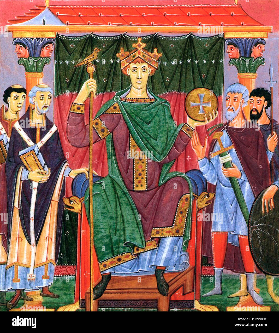 Kaiser Otto III. auf seinen Thron. Otto III (980 - 23. Januar 1002), König von Deutschland, war der vierte Herrscher der Sächsischen oder Ottonischen Dynastie des Heiligen Römischen Reiches. Und er wurde König in 983 gewählt nach dem Tod seines Vaters Otto II. und wurde gekrönt Kaiser des Heiligen Römischen Reiches in 996 Stockfoto