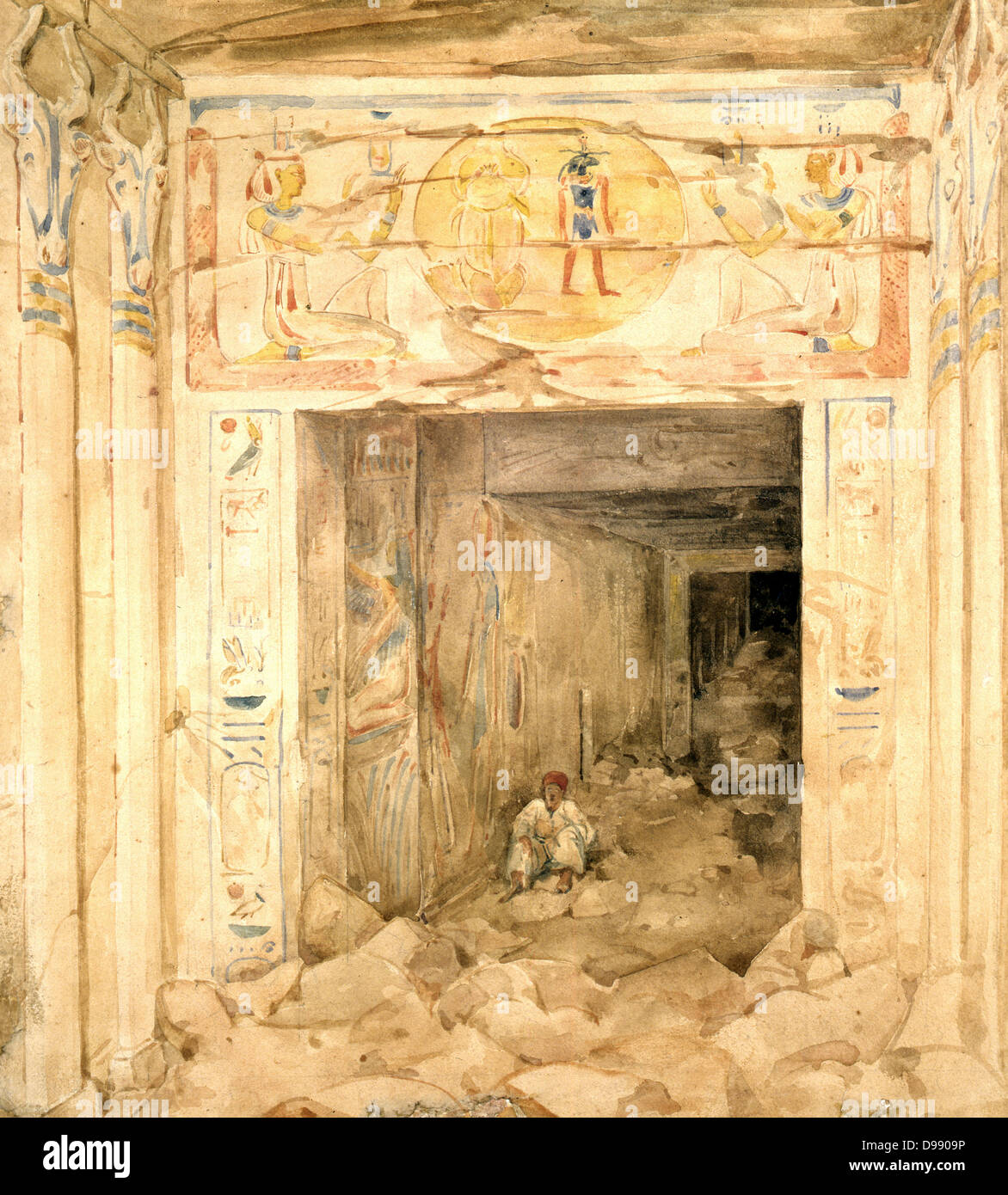 Zerstörte Innenraum der Tempel von Esneh (esne), Oberägypten. Aquarell von Hector Horeau (1801-1872), französischer Architekt. Alte Eyptian Archäologie Stockfoto