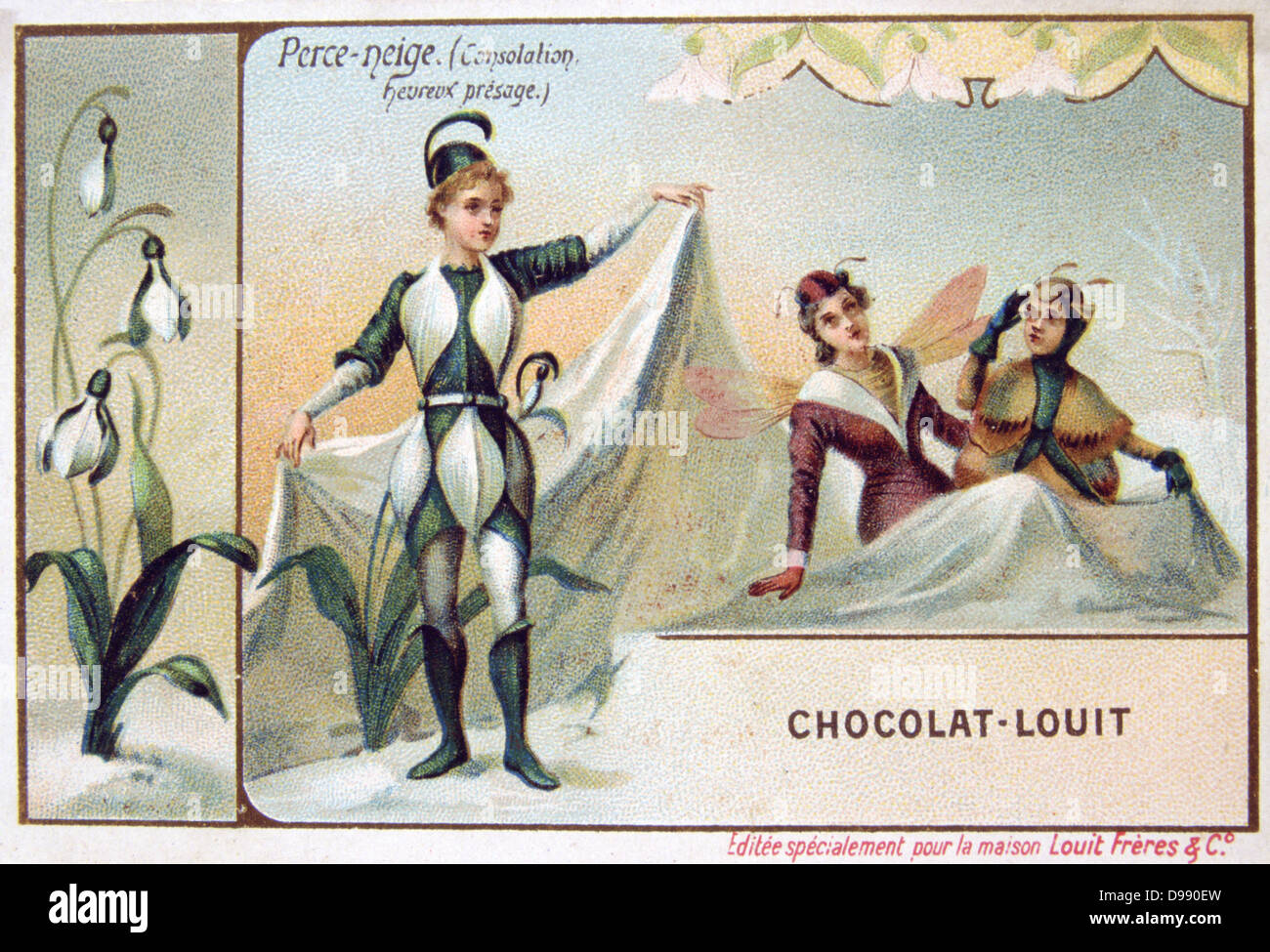 Die Sprache der Blumen. Die Schneeglöckchen - Galanthus nivalis. Trost Einsamkeit angenehme Erinnerungen. Handel Karte für Schokolade c 1900. Stockfoto