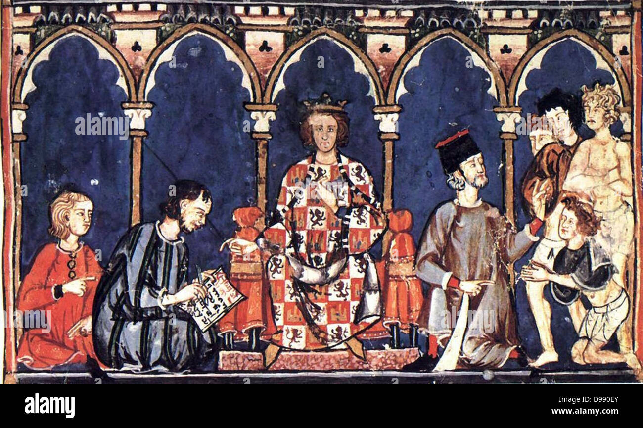 Die Rolle des Adels in Spanien: Alfonso X (Toledo, Spanien, November 23, 1221 - April 4, 1284 in Sevilla, Spanien) war ein kastilischen Monarchen, wie der König von Kastilien, León und Galizien von 1252 bis zu seinem Tod regiert. Er war auch der König des Deutschen (formal König der Römer) im Jahr 1257 gewählt, obwohl das Papsttum seine Bestätigung verhindert. Er Kastilisch als Sprache der höheren Bildung gegründet, Universitäten (Salamanca und Toledo) und erwarb seinen Spitznamen "el Sabio" ("Der Weise" oder "Gelernt") und "El Astrólogo' (der Astronom") durch seine eigene reiche Schriften Stockfoto