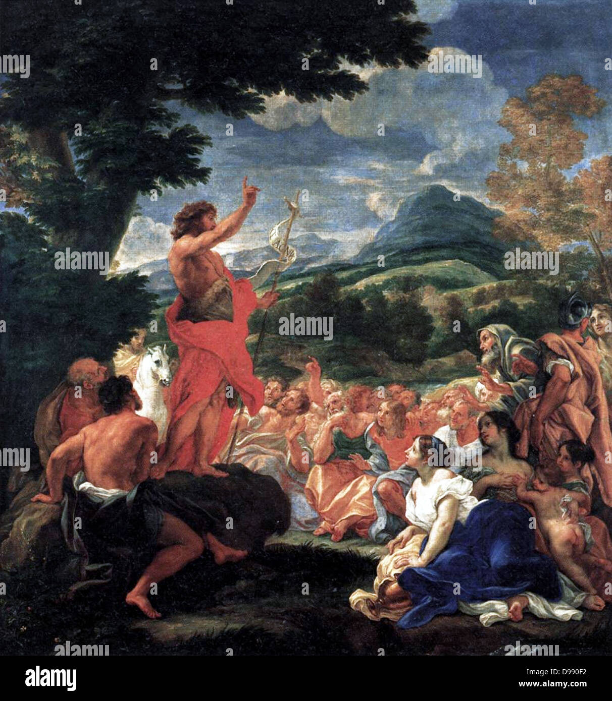 Baciccios" die Predigt des hl. Johannes des Baptis't. Die Zusammensetzung der Malerei, für die Jesuiten in Rom gemalt, leitet sich aus einem Entwurf von Bernini, der baciccio aus einem Stich bekannt. 1690 Stockfoto