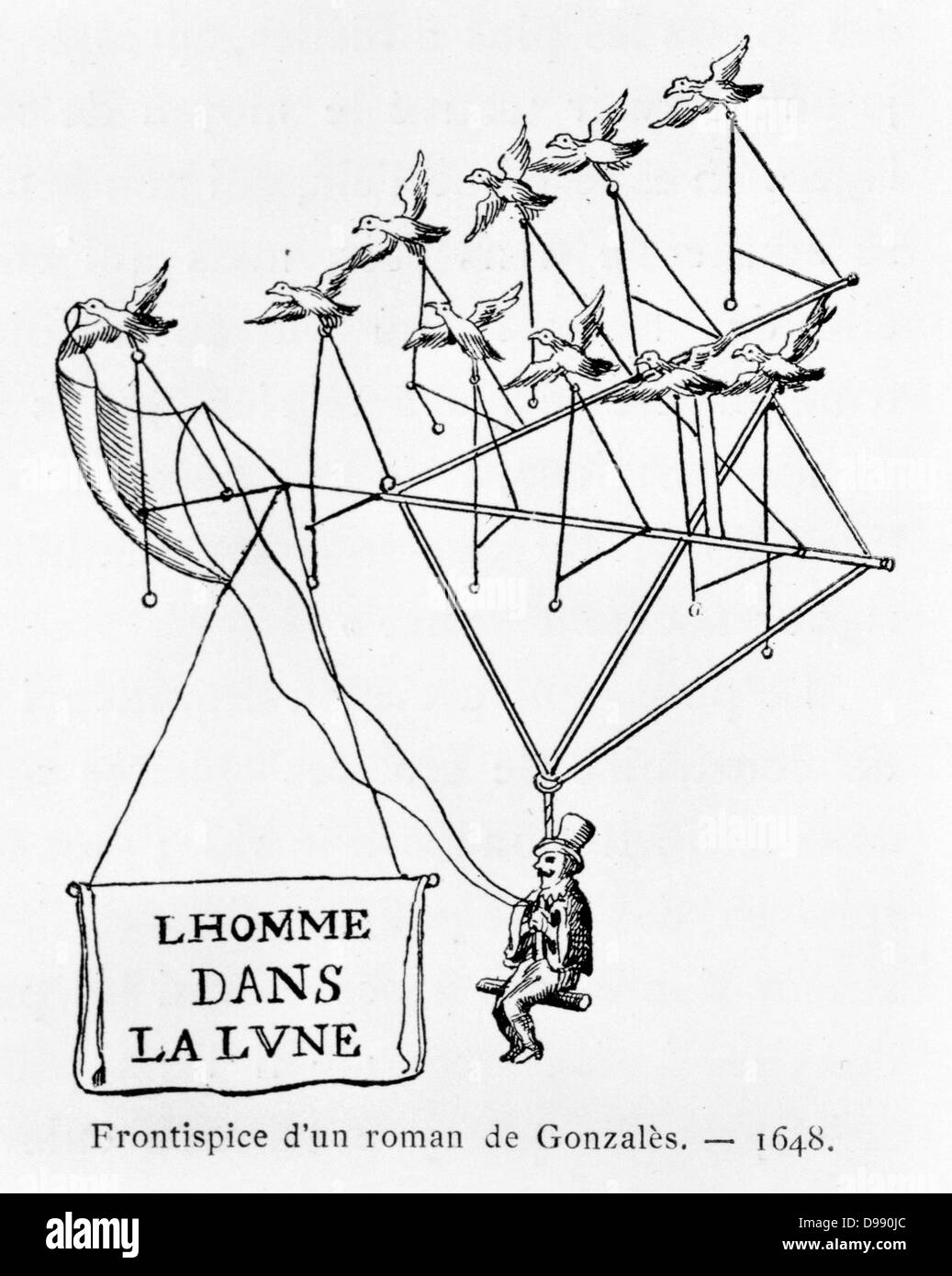 L'Homme Dans la Lune" (Der Mann auf dem Mond) aus dem Titelblatt der Roman von Gonzales. Man verwendet die zwei Seile seine Flugzeuge, die von fliegenden Vögeln mit Strom versorgt. Von "Histoire des Ballons' von Gaston Tissandier, Paris, 1887. Luftfahrt Stockfoto