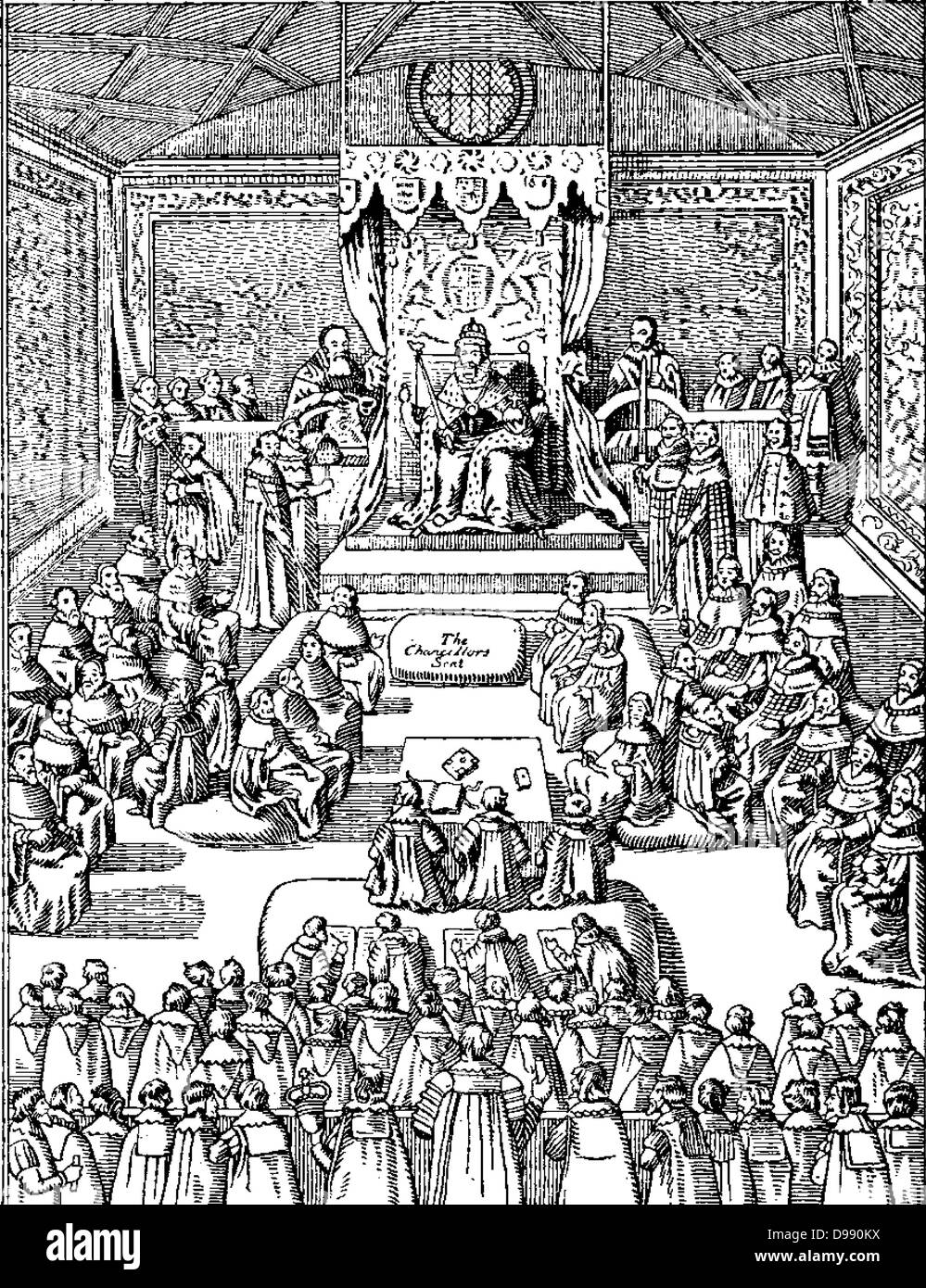 James I nimmt das Parlament. James VI. und ich (19. Juni 1566 bis 27. März 1625) war König von Scots als James VI vom 24. Juli 1567 und der König von England und Irland als James I aus der Union der Englischen und Schottischen Kronen am 24. März 1603 bis zu seinem Tod Stockfoto