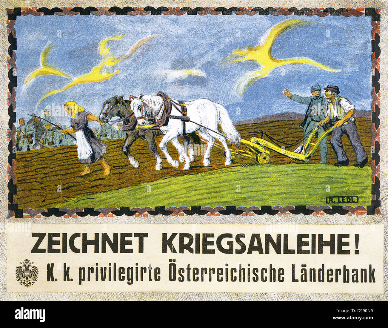 Weltkrieg 1914-1918. Bauer und Bäuerin pflügen mit zwei Pferden. Ein Soldat ist das Gespräch mit dem Landwirt und deutete in Richtung Soldaten in der Ferne. Text: "Subscribe zum Krieg Darlehen!" Österreichische Poster 1918. Landwirtschaft Stockfoto
