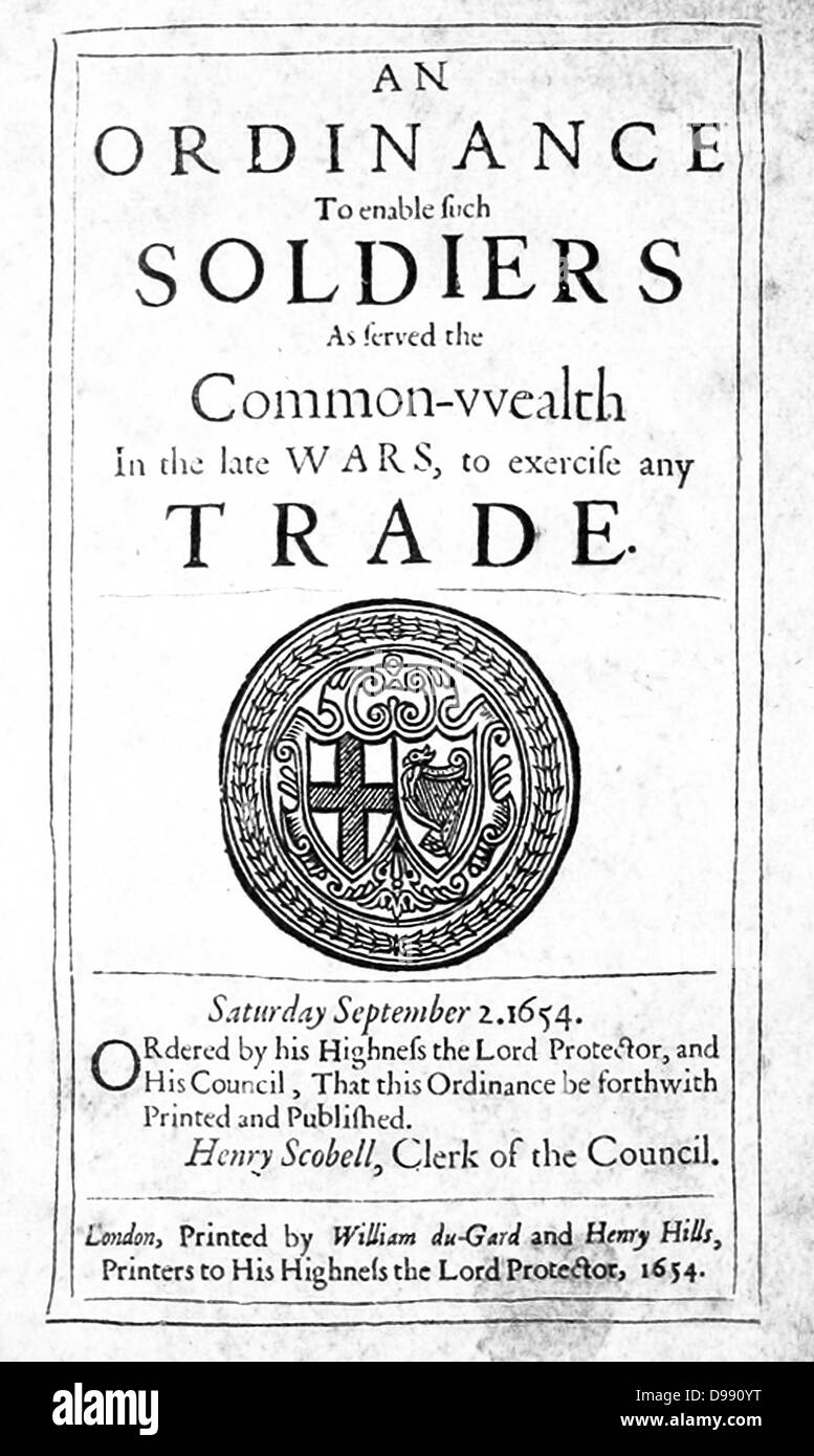 Bestellung oder Act von Oliver Cromwell 1654 ausgestellt Stockfoto