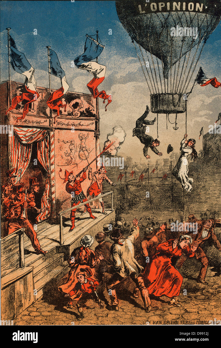 Humorvoll Drucken eines Zirkus Schauspieler auf einer Bühne schießen auf einen Ballon, mit der Beschriftung "L "Stellungnahme", wie ein Mann springt von der Gondel und eine Frau klammert sich an einem Seil, 1870-1900. Unterhaltung Luftfahrt Ballooning Stockfoto