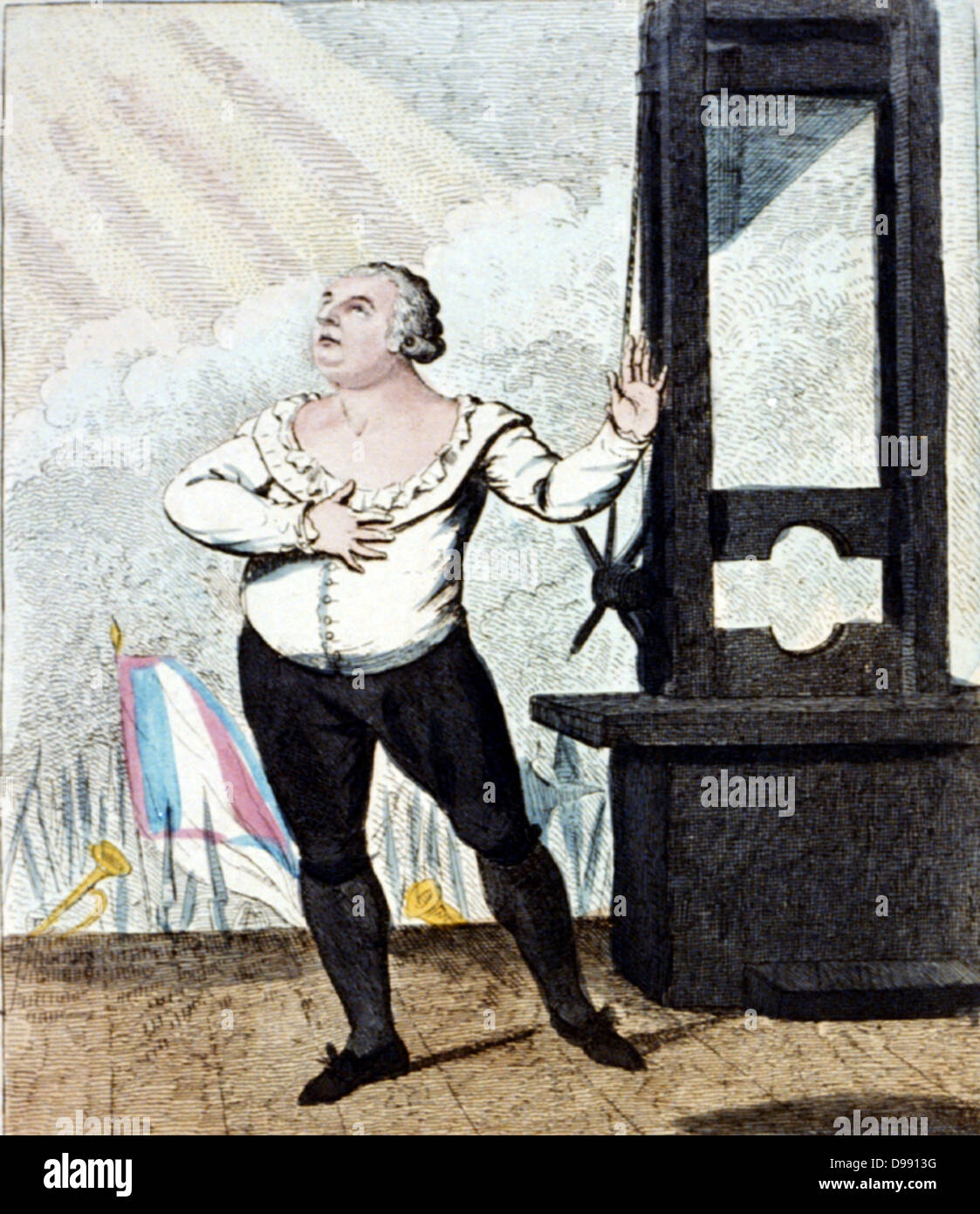 Das martyrium von Ludwig XVI., König von Frankreich - ich meine Feinde verzeihen, ich sterbe unschuldig!!!' Isaac Cruikshank, 1798. Louis in dramatischer Pose auf dem Gerüst, neben einer Guillotine, um ausgeführt zu werden. Frankreich Französische Revolution Regicide Ausführung Stockfoto