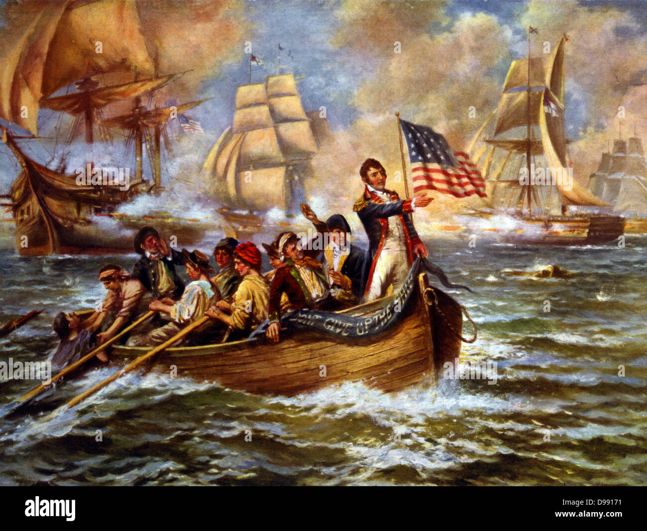 Krieg von 1812: Schlacht von Lake Erie (Put-in-Bay), Ohio, 10. September 1813. Oliver Hazard Perry im Bogen von kleinen Ruderboot nach seinem Flaggschiff "Lawrence" übertragen auf "Niagara" aufzugeben. Entscheidend den amerikanischen Sieg über Großbritannien. Naval. C 1911 Stockfoto