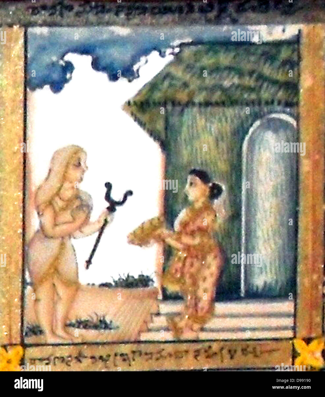 Aus dem 19. Jahrhundert Email und glasierte Bild, der hinduistische Legende des Ramayana Detail. Das Ramayana ist einer der zwei epische Hindu Gedichte, das andere ist das Mahabharata. Die Ramayana beschreibt eine Liebesgeschichte zwischen Rama, der alte König, und Sita, der von RAVAN, der König von Ceylon erfasst wird. Rama legt Belagerung nach Ceylon und Gewinne, die Sita Stockfoto
