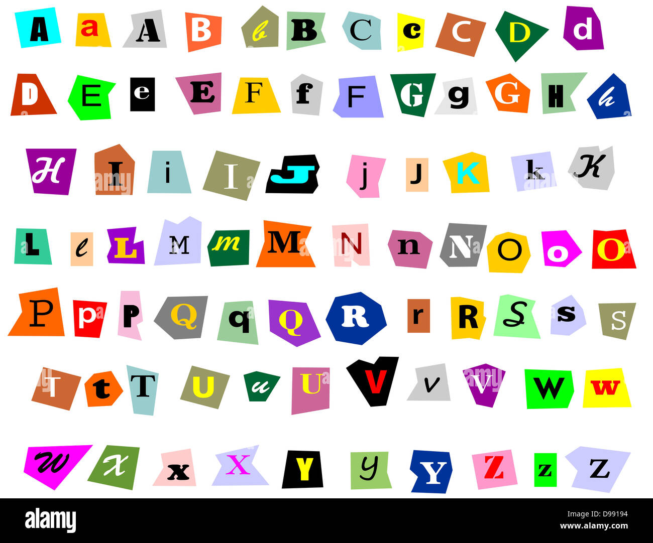 Alphabet Zeitung Großbuchstaben, Kleinbuchstaben und Symbole Ausschnitte isoliert auf weiss. Mix und Match, eigene Worte zu machen. Stockfoto