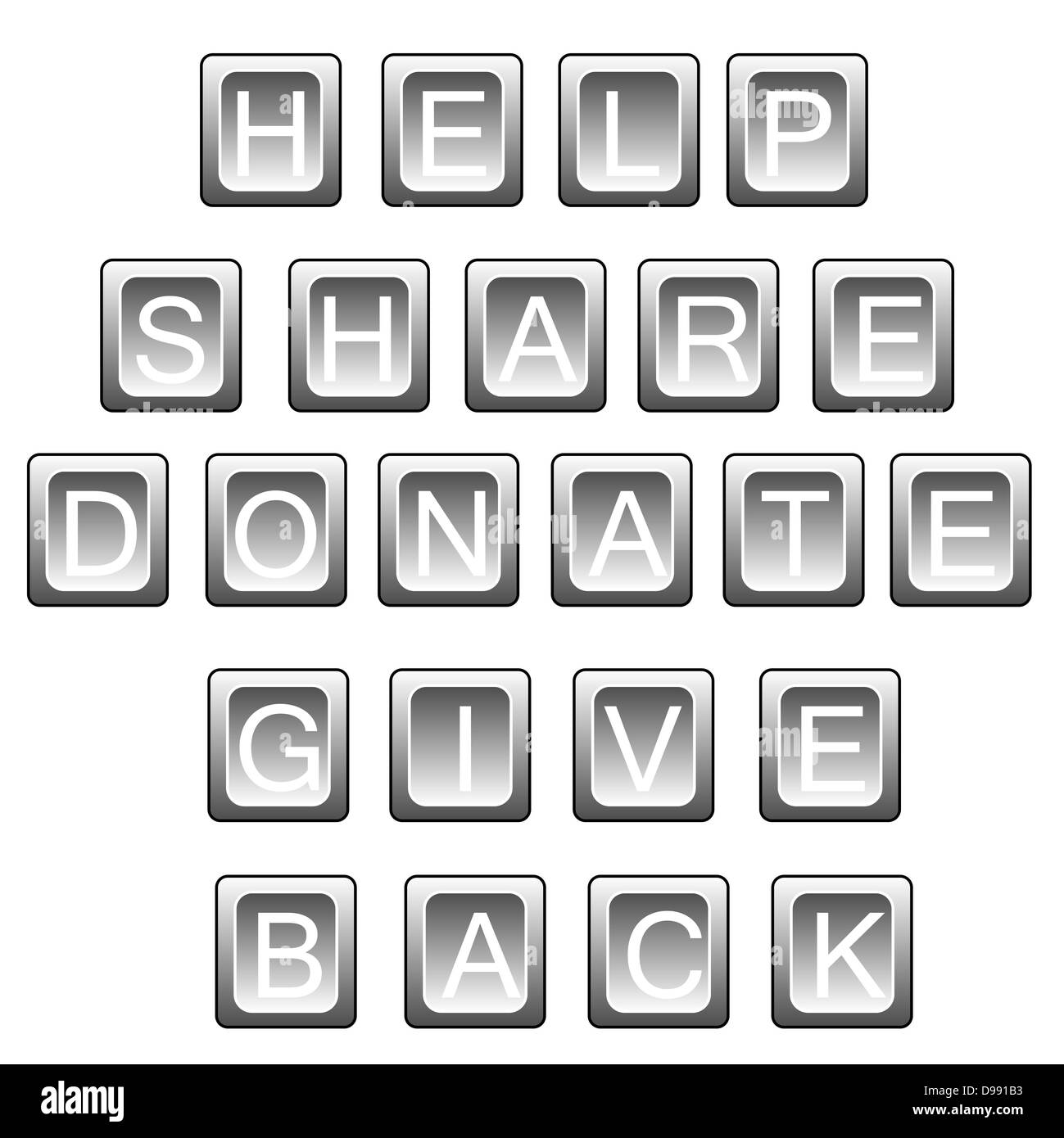 Wörter im Zusammenhang zu helfen (helfen, teilen, Spenden, zurück geben) in Tastatur Buchstaben, isoliert auf weiss. Stockfoto