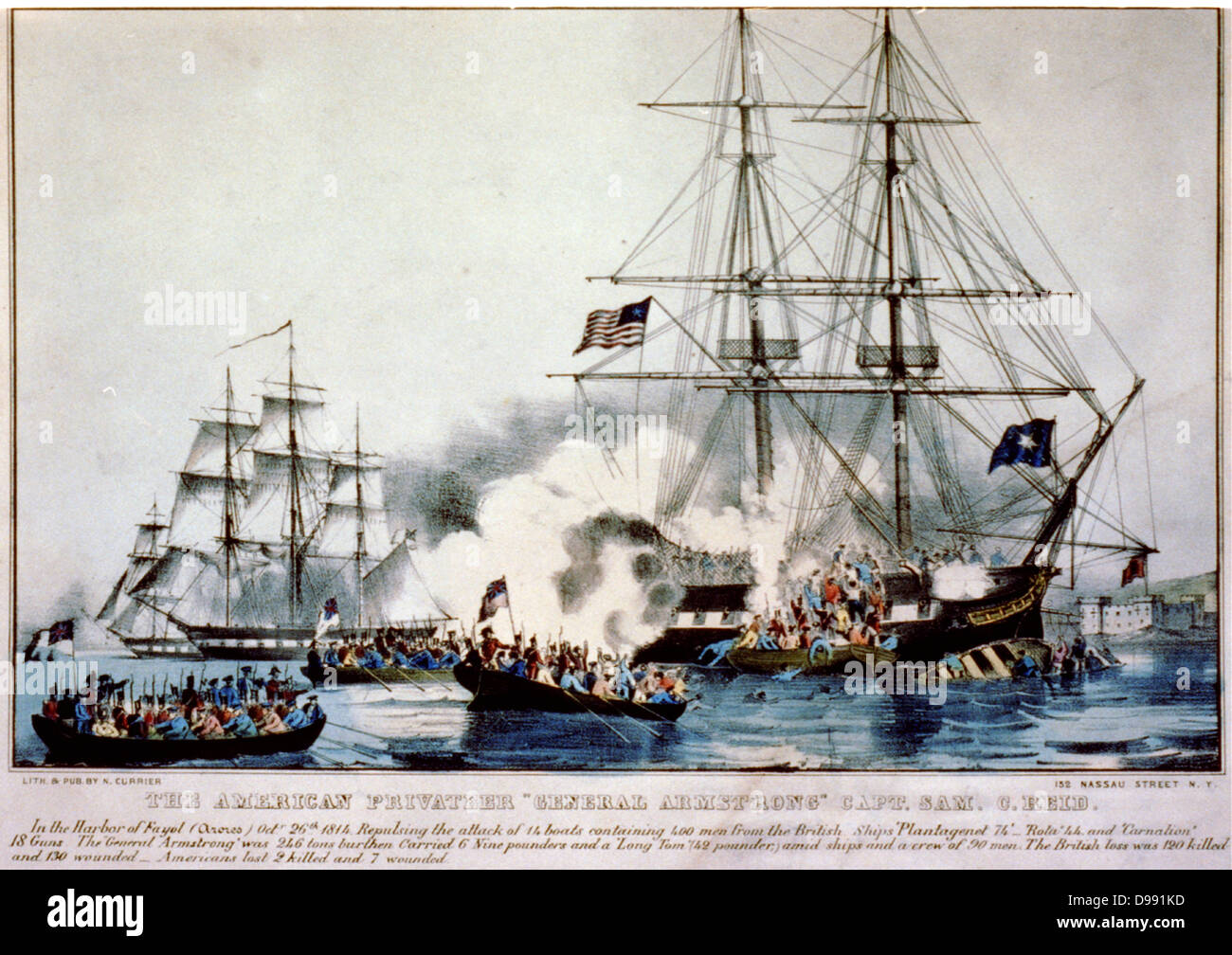 American privateer' allgemein Armstrong in Port Fayal, Azoren, 26 Sept. 1814, schießen auf 4 Boote der Britischen Marine aus dem "Nelke". Angriff abgewehrt. Am nächsten Tag auf der Britischen gefeuert und durch die Crew, die an Land entging versenkt. Drucken 1830. Stockfoto