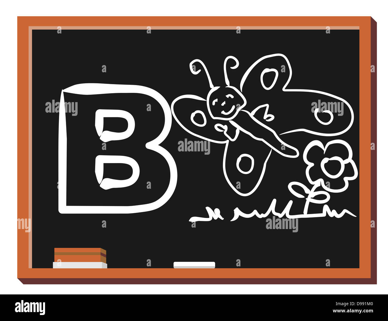 Illustration von Alphabet Buchstaben B mit einem niedlichen kleinen Schmetterling und Blumen auf Tafel. B steht für Schmetterling. Stockfoto