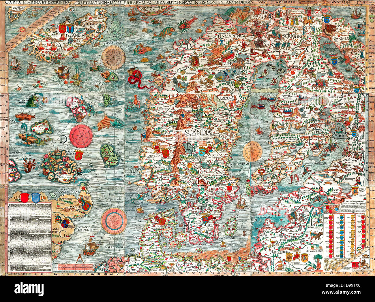 Die Carta Marina (Lateinisch 'map auf das Meer''), von Olaus Magnus im 16. Jahrhundert errichtet und ist die älteste Karte von den nordischen Ländern, die Details und Ortsnamen. Die Karte wurde in Rom erstellt von der Schwedischen kirchlichen Olaus Magnus (1490-1557), Stockfoto