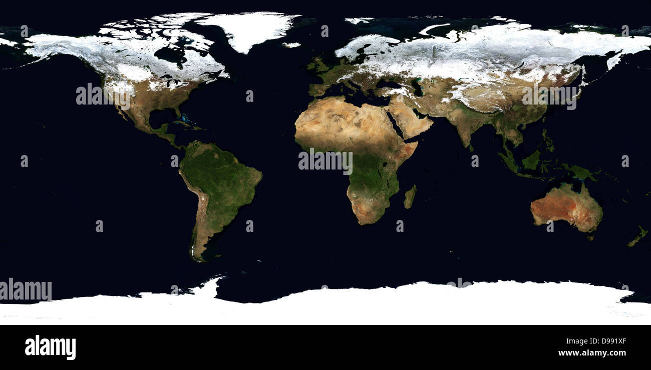 Flache Projektion Weltkarte aus Komposit von Satellitenbildern. Kredit NASA: Wissenschaft Erde Geologie Ozeanographie Stockfoto