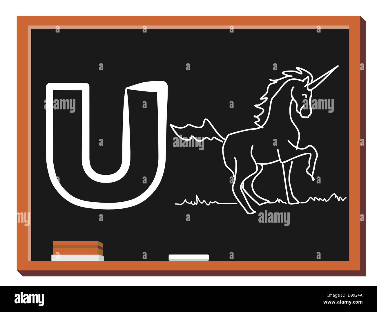 Illustration von Alphabet Buchstabe U mit einer niedlichen kleinen Einhorn isoliert auf Tafel. U ist für Unicorn Stockfoto