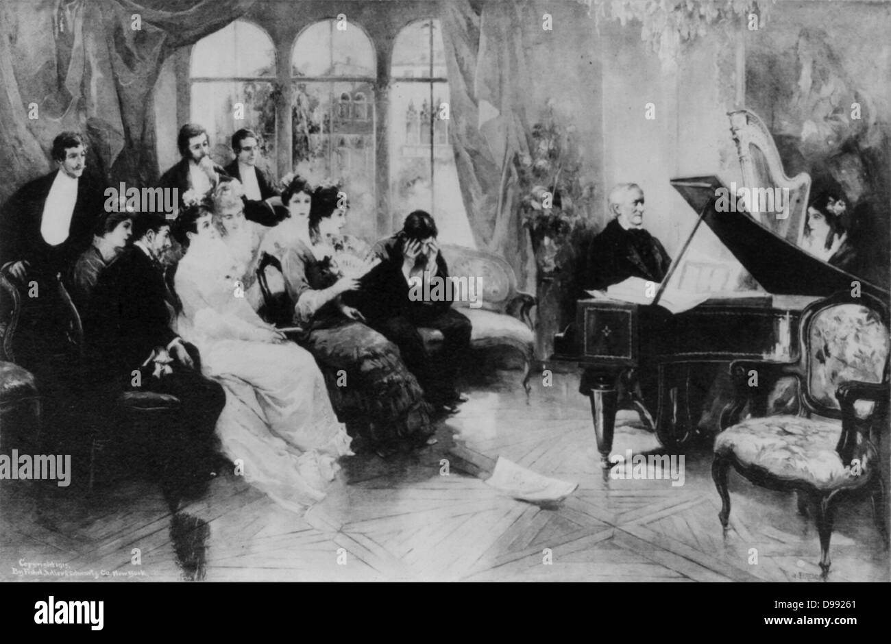 Richard Wagner (1813-1883), deutscher Komponist und Dirigent am Flügel sitzt, spielt Musik aus seiner Oper "Parsifal" für eine intime Gruppe von Freunden. Drucken c 1915. Stockfoto