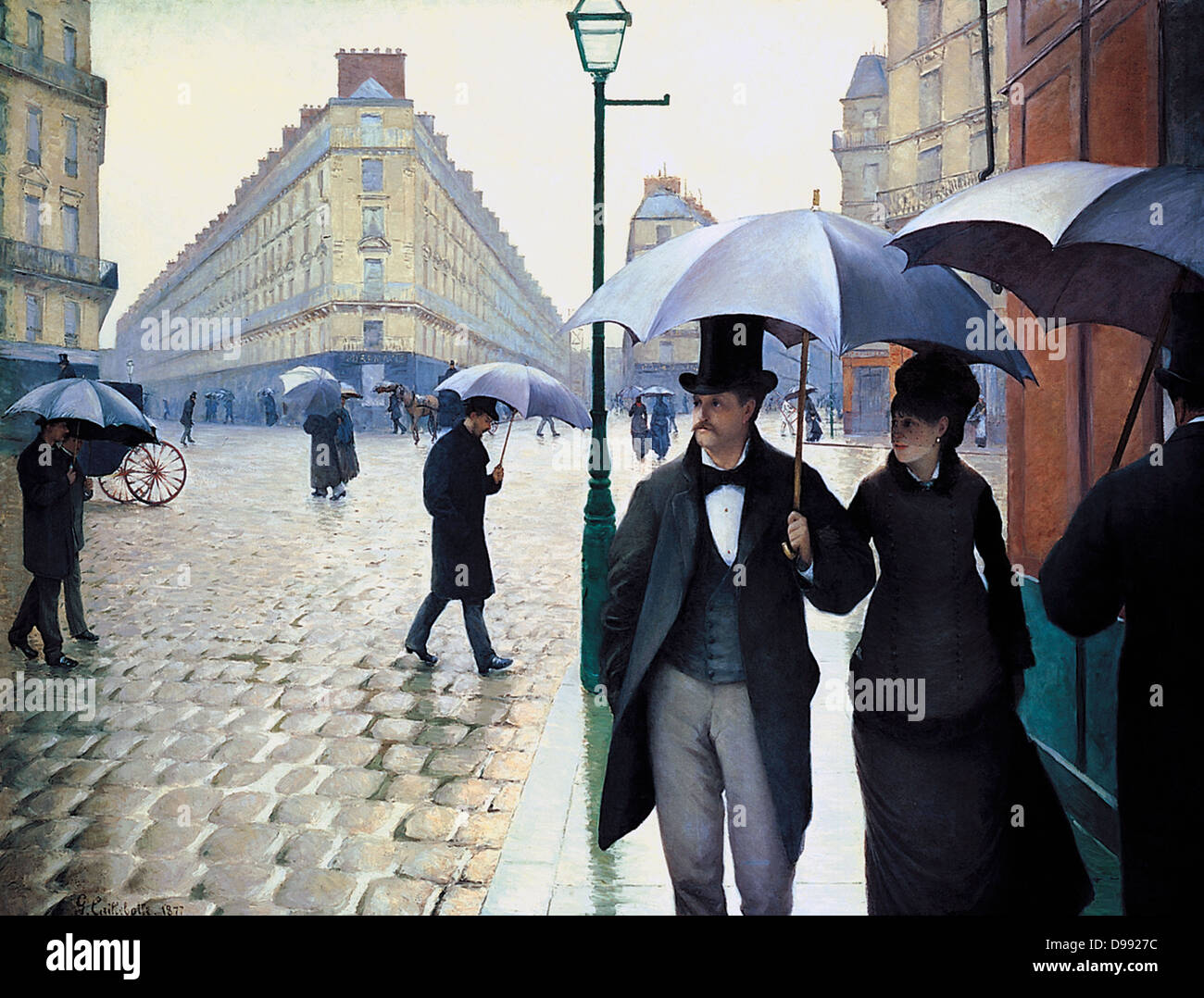 La Place de l'Europe, temps de Pluie" (Pariser Straße, regnerischen Tag), 1877. Öl auf Leinwand. Gustave Caillebotte (1848-1984), französischer Maler. Impressionismus Realist School City Straße Straße Bürgersteig Fußgänger Männlich Weiblich Regenschirm Stockfoto