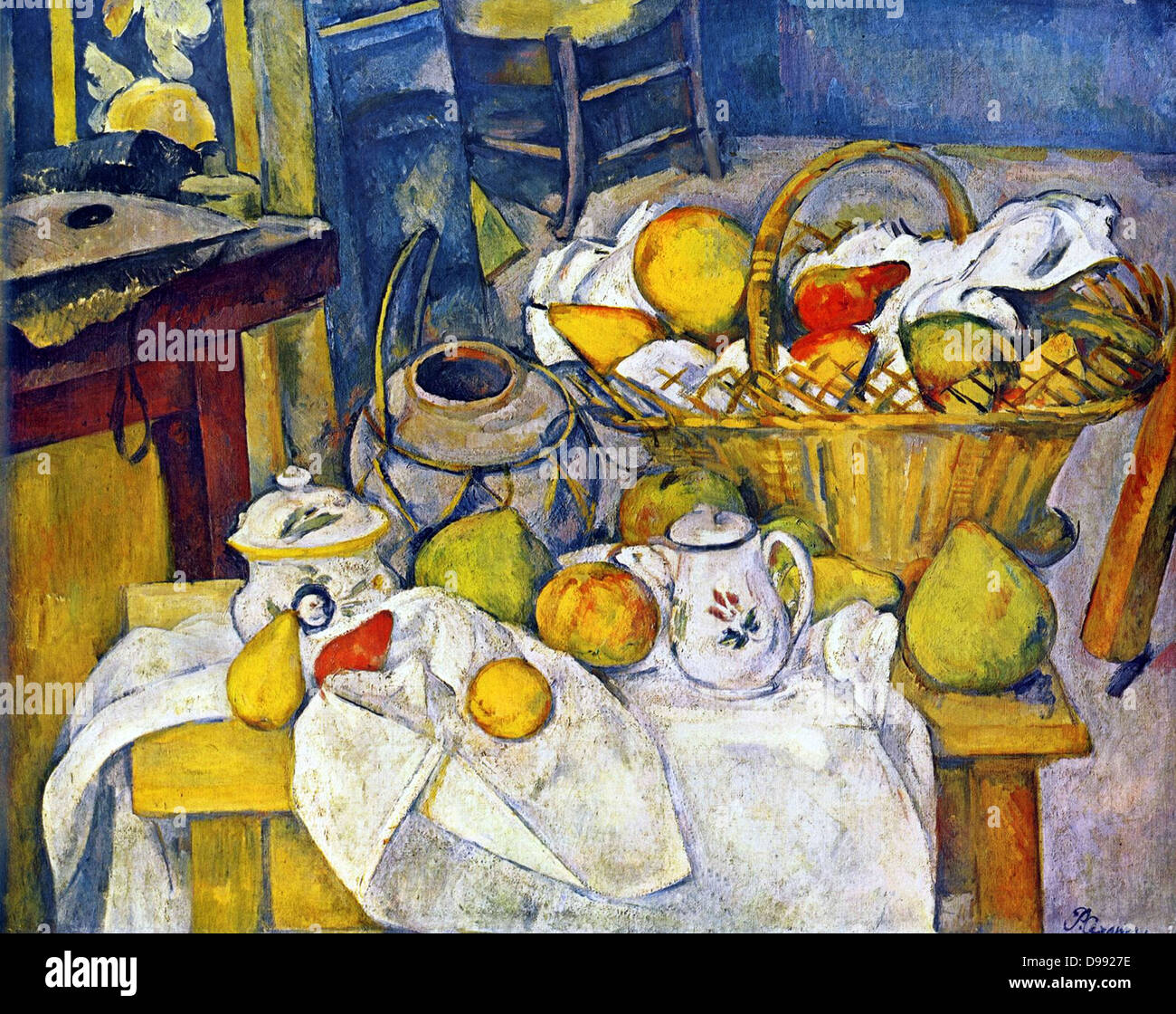 Stillleben mit Obstkorb" (die Küche Tabelle) 1888-1890. Paul Cezanne (1839-1906) French Post-Impressionist Künstler. Häusliche Interieur Apfel Birne Stockfoto