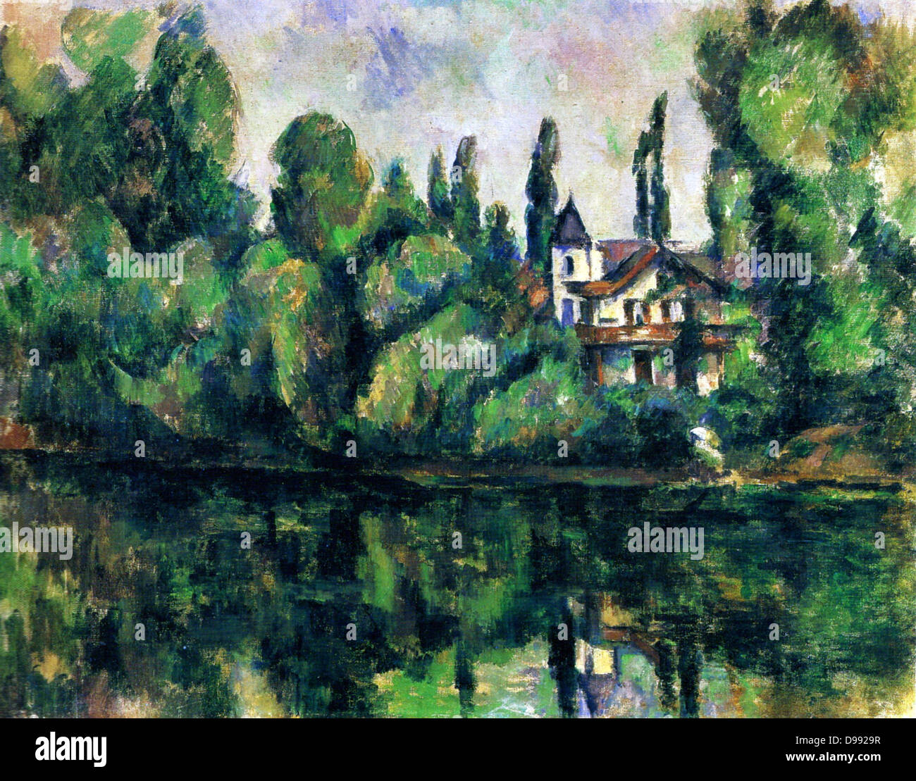 Die Ufer der Marne", 1888, Öl auf Leinwand. Paul Cezanne (1839-1906) French Post-Impressionist Painter. Landschaft Wasser Haus Villa Bäume Reflexion Stockfoto
