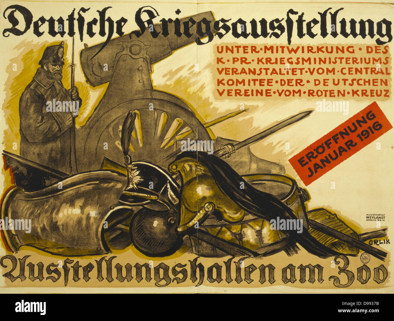 Deutsche Kriegsausstellung, Poster von Emil Orlik, 1870-1932 [1915] Plakat zeigt ein deutscher Soldat Wache durch eine Sammlung von militärischer Ausrüstung und Waffen, einschließlich Helm, Schwert, Schild, Rüstung, Flagge, Kanonenkugeln und eine Kanone auf einem senkkasten montiert. Stockfoto