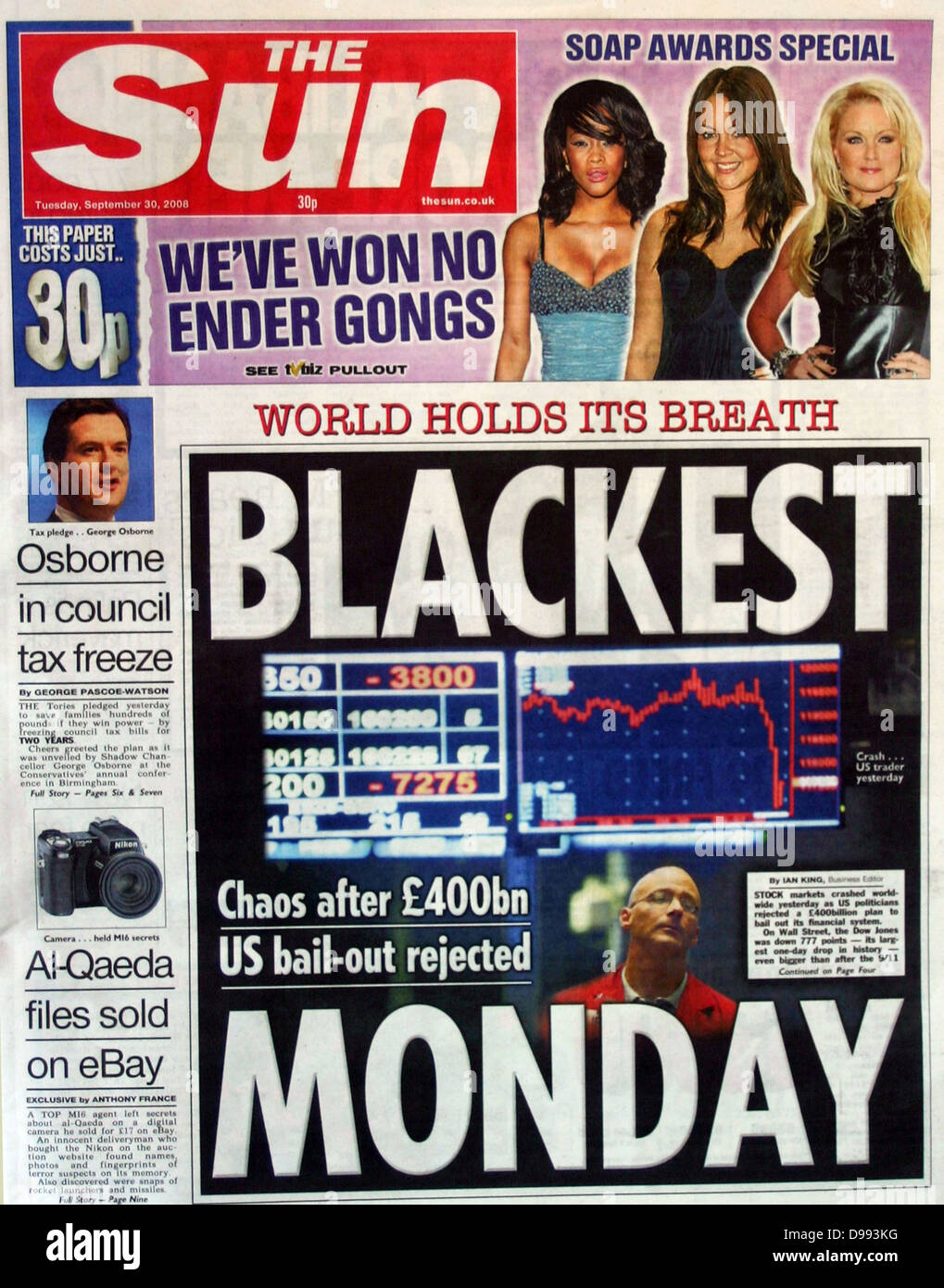 Vordere Seite der Zeitung The Sun" am 30. September 2008. Leitung Geschichte ist der Zusammenbruch der Börse Werte nach der Weltwirtschaftskrise Stockfoto