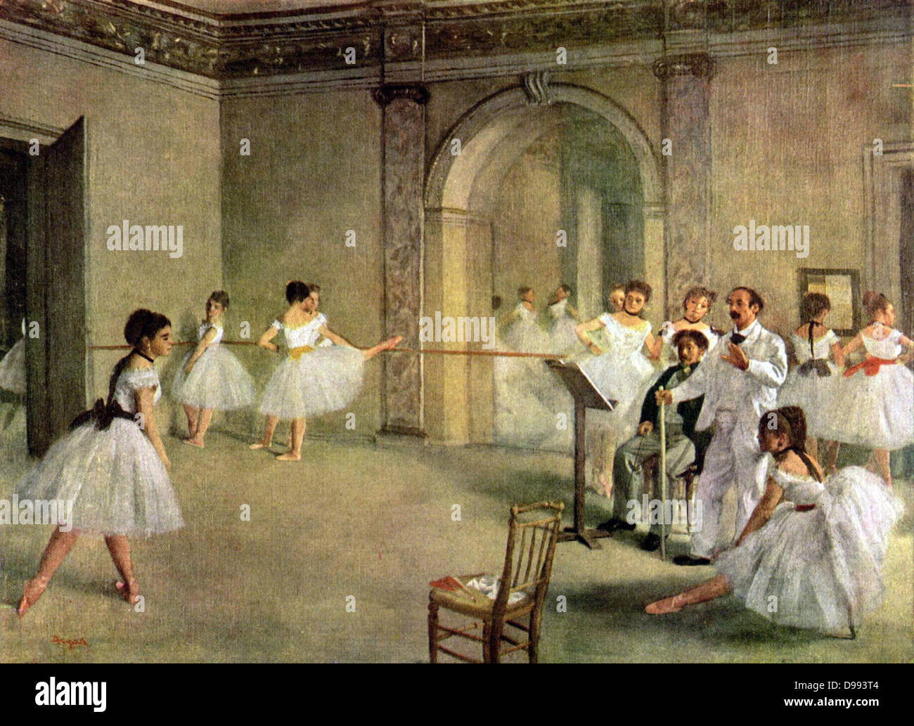 Ballett Probe auf dem Set (1874) von Edgar Degas (19 Juli 1834 - 27. September 1917), französischer Künstler berühmt für seine Arbeiten in der Malerei, Skulptur, Druckgrafik und Zeichnung. Er gilt als einer der Begründer des Impressionismus angesehen, obwohl er den Begriff abgelehnt, Stockfoto
