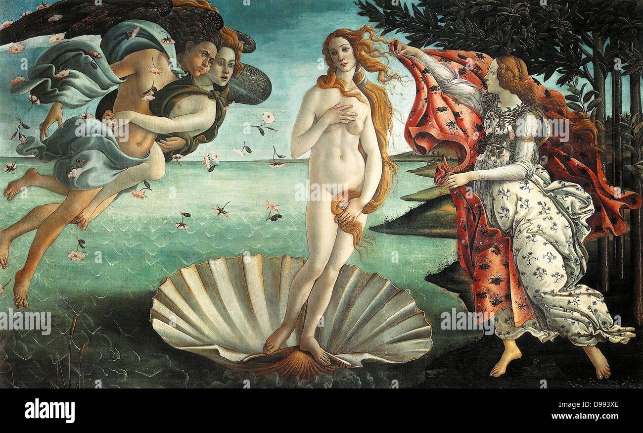 "Die Geburt der Venus" 1486; Malerei der italienischen Renaissance Maler Sandro Botticelli C. 1445 - 1510. Es zeigt die Göttin Venus aus dem Meer als erwachsene Frau entstanden, auf dem Seeweg ankommen - shore Stockfoto