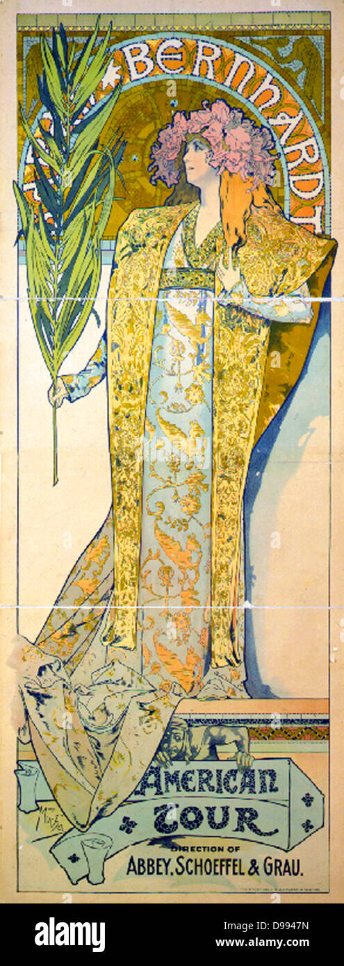 Alphonse Marie Mucha, 1860-1939. Französischer Grafiker. Jugendstil-Plakat zeigt Schauspielerin Sarah Bernhardt holding Palmwedel Stockfoto