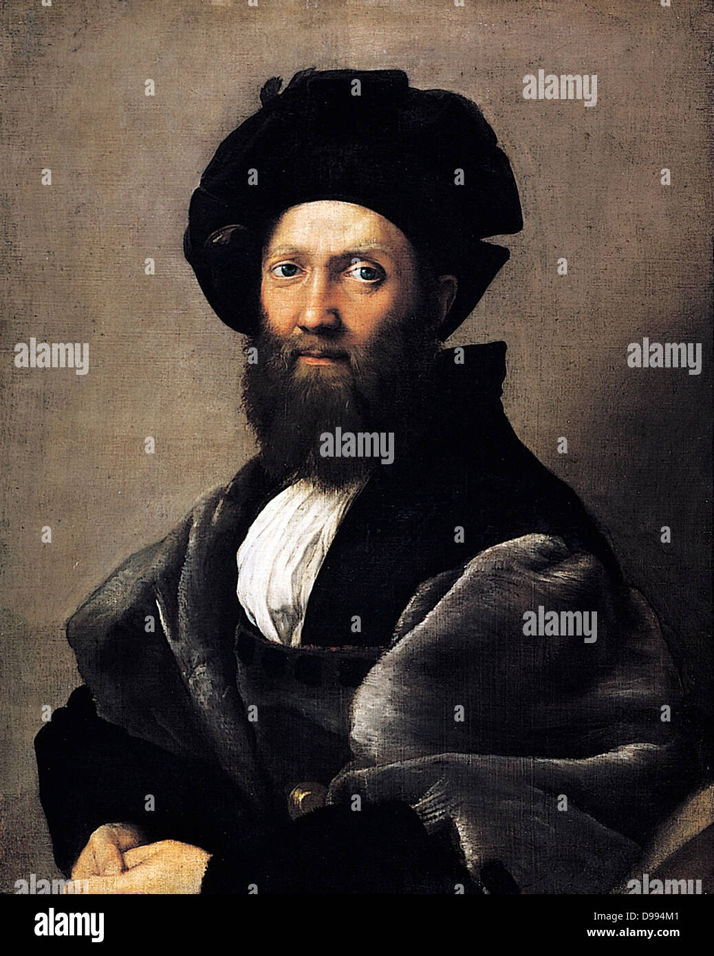 Baldassare Castiglione 1478-1529 italienischer Diplomat, Porträt von Raphael Sanzio da Urbino (6. April oder März 28, 1483 - April 6, 1520), italienischer Maler und Architekt der Renaissance. Malte 1514-1515 Stockfoto